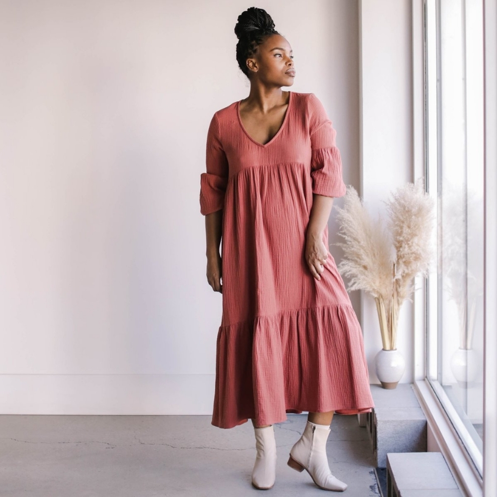 Rachel Pally‎ Linen Cecilia Long Sleeve Dress Size M Col Burgundy